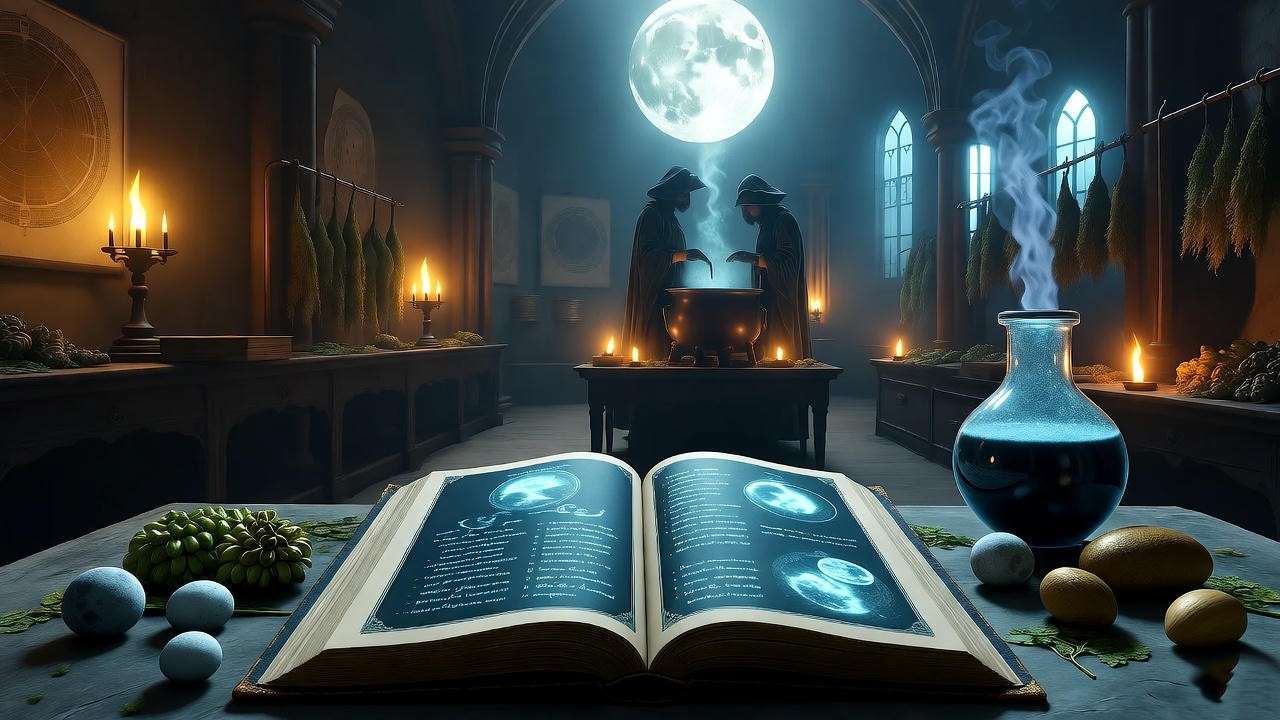 Historical illustration of Draught of Peace origins in Harry Potter wizarding lore, medieval apothecary scene with grimoire and moonlit cauldron.
