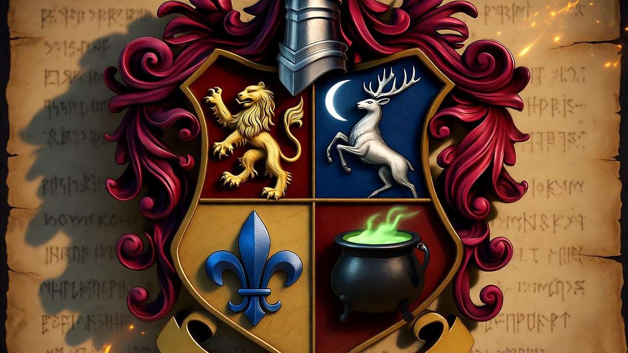 Detailed imaginary Potter family coat of arms shield with stag, lion, and cauldron symbols in Harry Potter style.