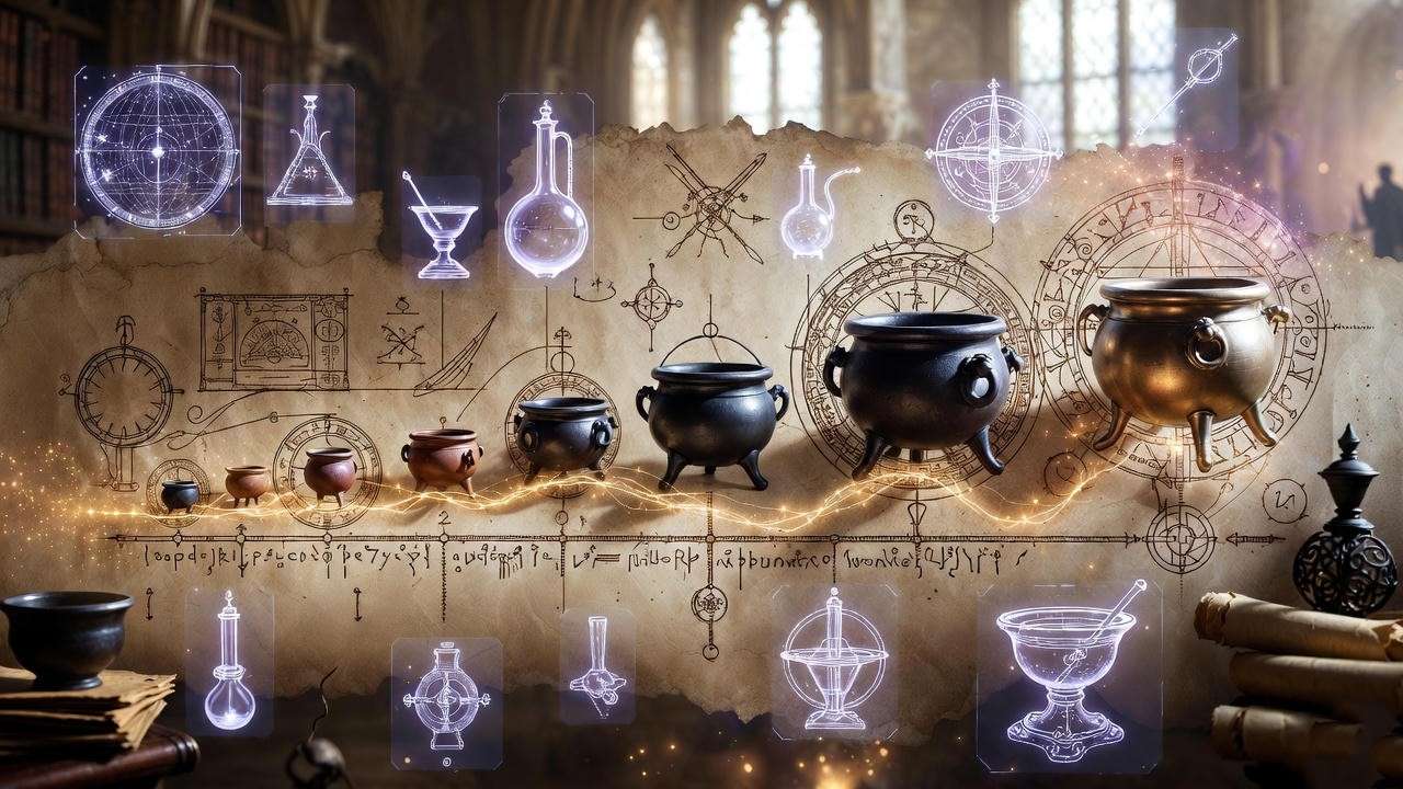 Historical timeline of cauldron evolution in Harry Potter Wizarding World archives.