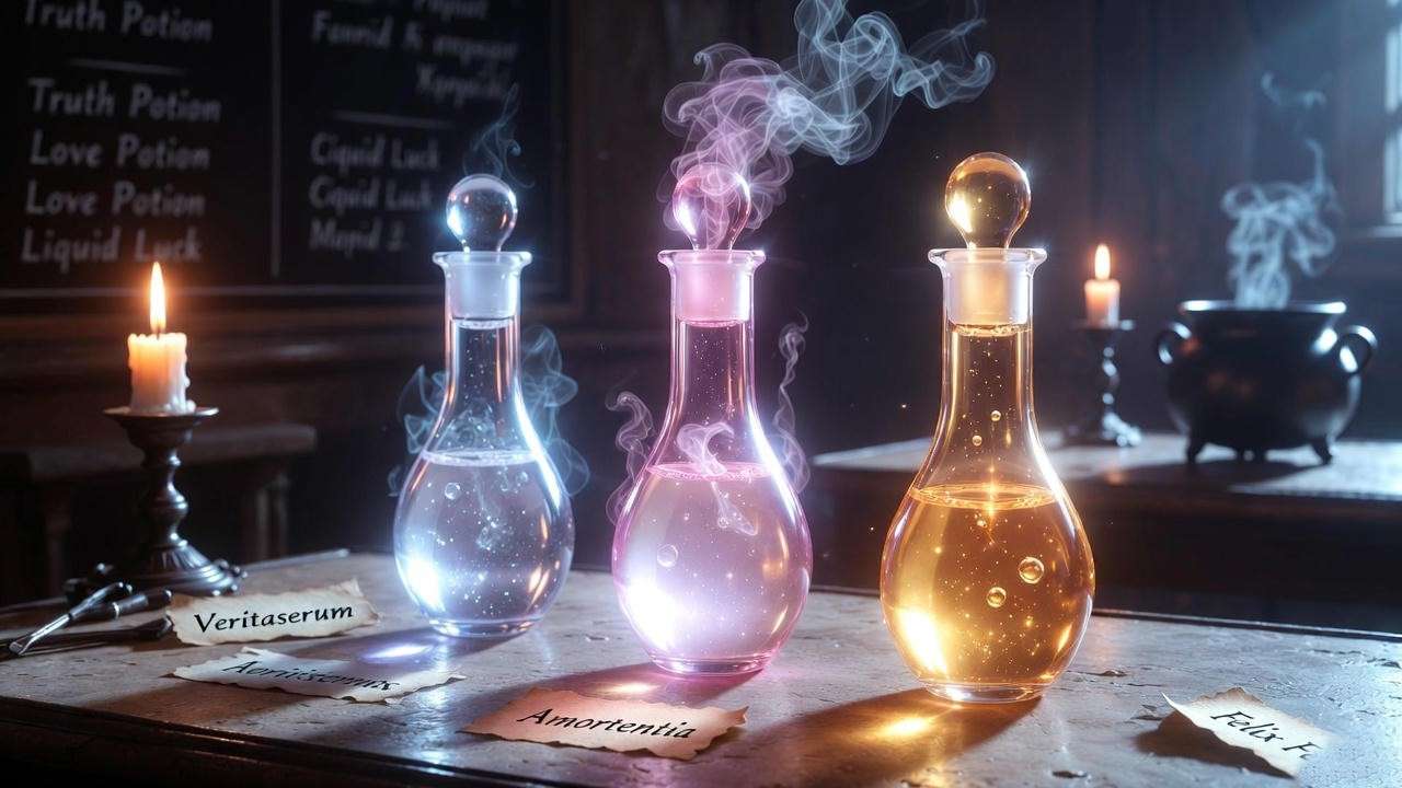 Harry Potter potions comparison: Veritaserum truth serum vs Amortentia and Felix Felicis in a Hogwarts classroom.
