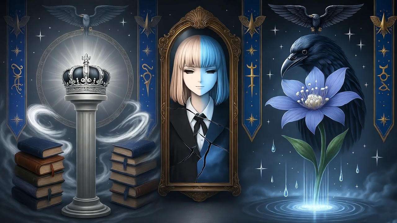 Symbolic Ravenclaw paradox: Diadem intellect vs. Grey Lady's emotional wisdom in tower vision.