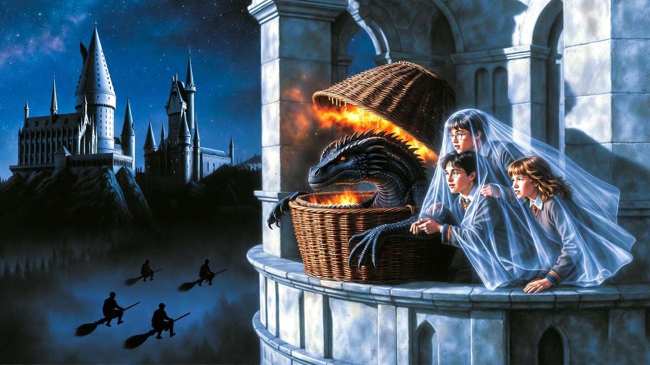 Harry, Ron, and Hermione smuggling Norbert the dragon from Hogwarts Astronomy Tower in Harry Potter escape sequence.

