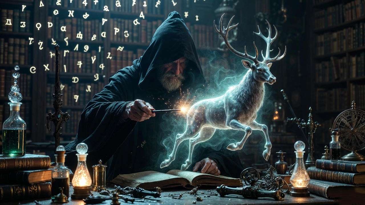 Wizard casting Patronus spell amid Harry Potter potions and artifacts.

