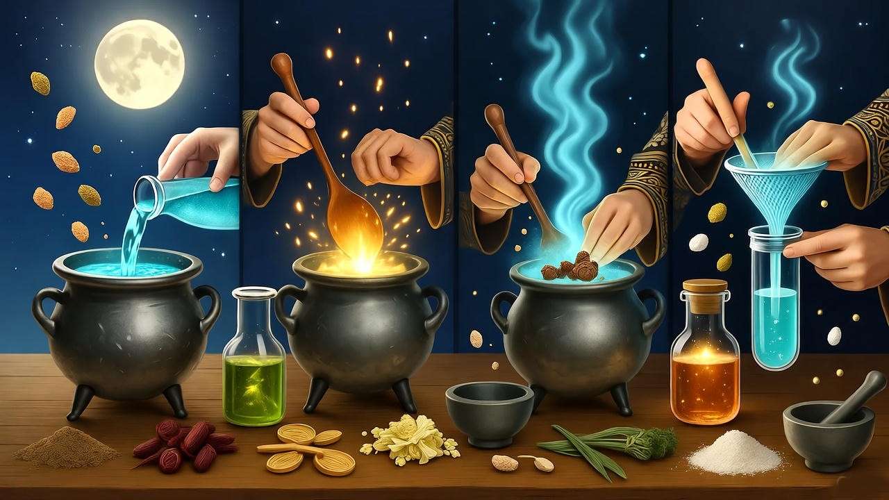 Step-by-step illustration of brewing Forgetfulness Potion in Harry Potter, from prep to incantation.