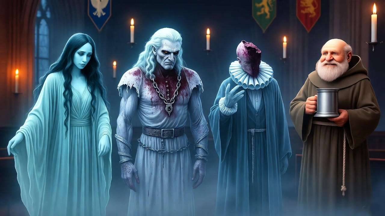 Hogwarts house ghosts comparison illustration: Grey Lady, Bloody Baron, Nearly Headless Nick, and Fat Friar in the Great Hall.