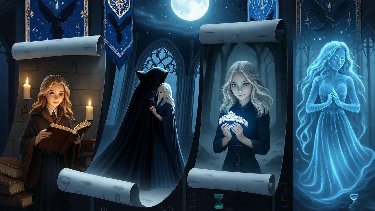 Helena Ravenclaw timeline illustration: From birth to ghostly haunting in medieval wizarding history.