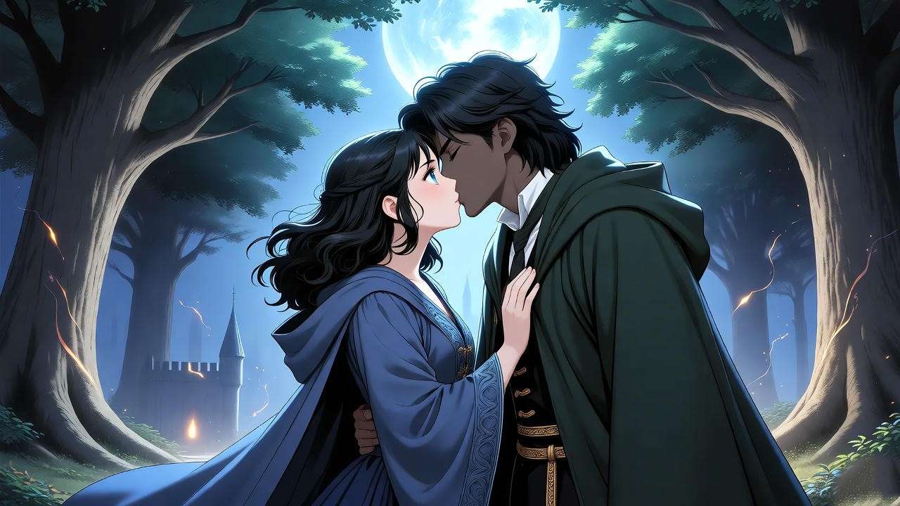Forbidden romance of Helena Ravenclaw and the Bloody Baron in moonlit Hogwarts woods.