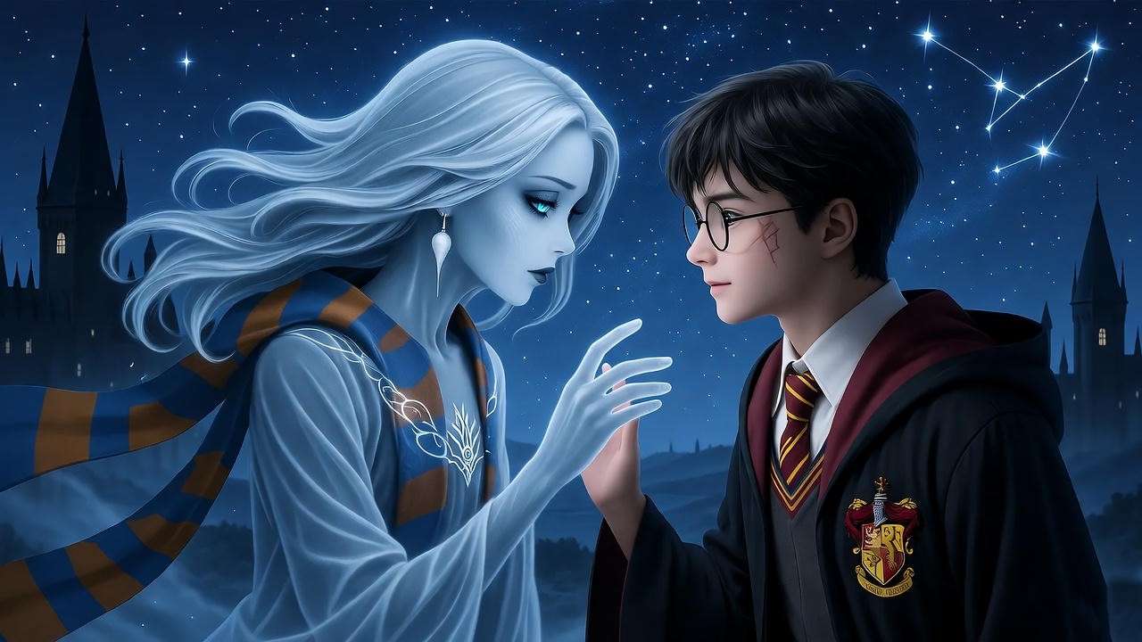 Grey Lady revealing secrets to Harry Potter and Luna Lovegood in Hogwarts Astronomy Tower.