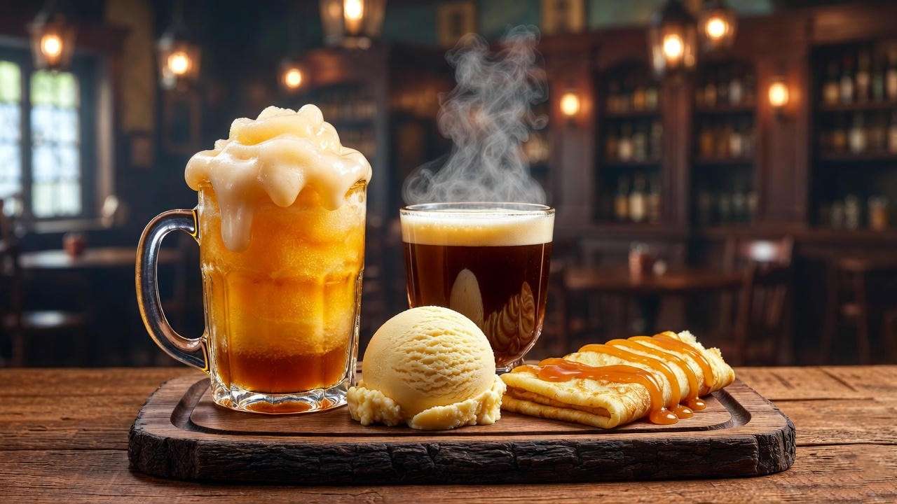 Assortment of Butterbeer varieties including frozen, hot, and ice cream in Orlando at Universal parks.