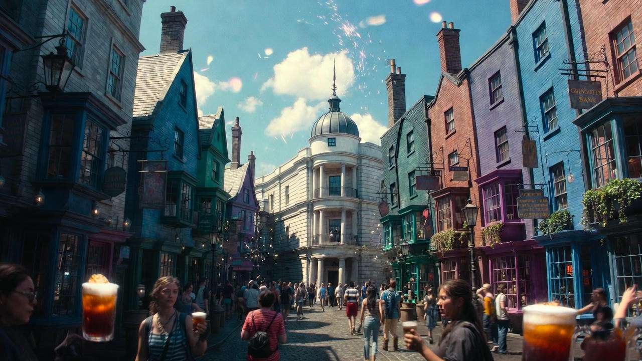 Diagon Alley at Universal Studios Florida offering Butterbeer in Orlando's Wizarding World of Harry Potter.