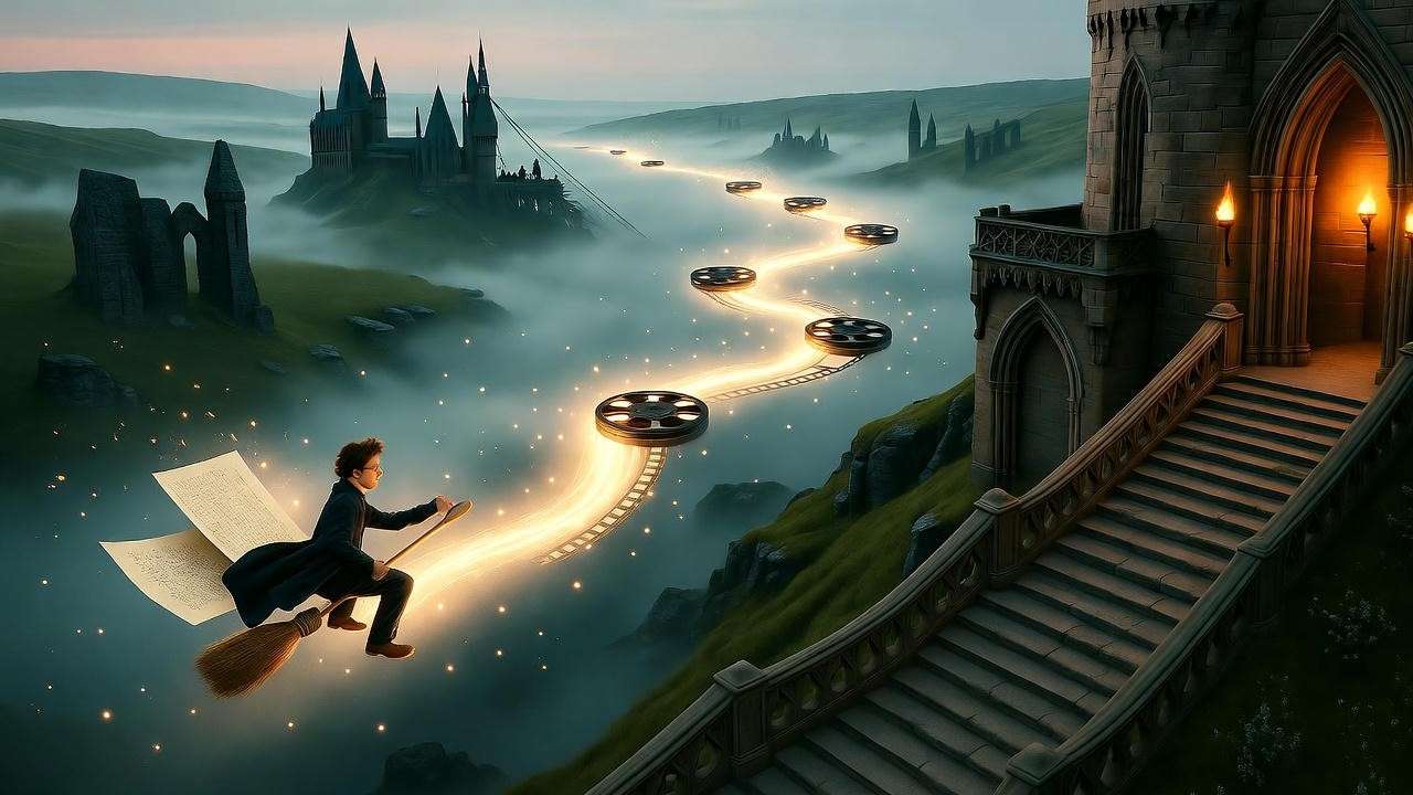 Harry Potter book to film evolution timeline illustration with misty English moors and magical ink paths.