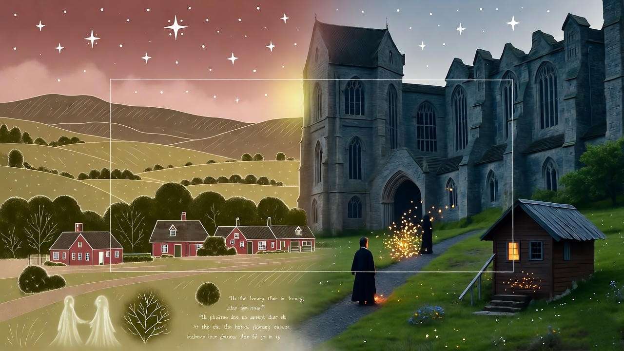 Book vs film Harry Potter locations comparison art featuring enchanted English countryside splits.