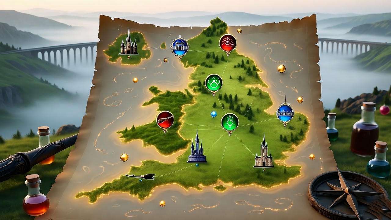 Interactive glowing Harry Potter map of England with wizarding icons and regional adventure paths.