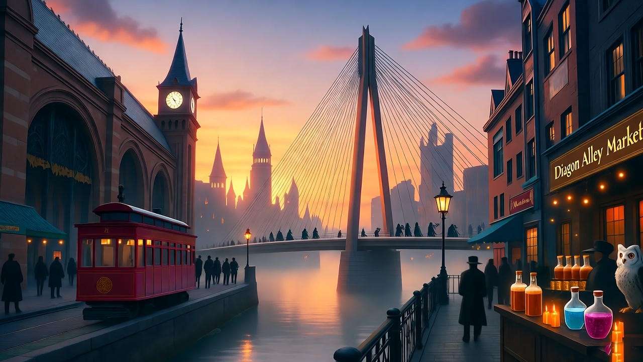 Magical London Harry Potter scenes with King's Cross trolley and Millennium Bridge at dusk.