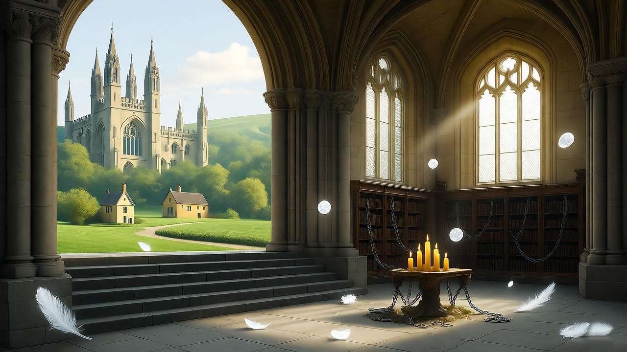 Oxford Christ Church and Lacock Abbey as Hogwarts and Godric's Hollow in enchanted morning light.