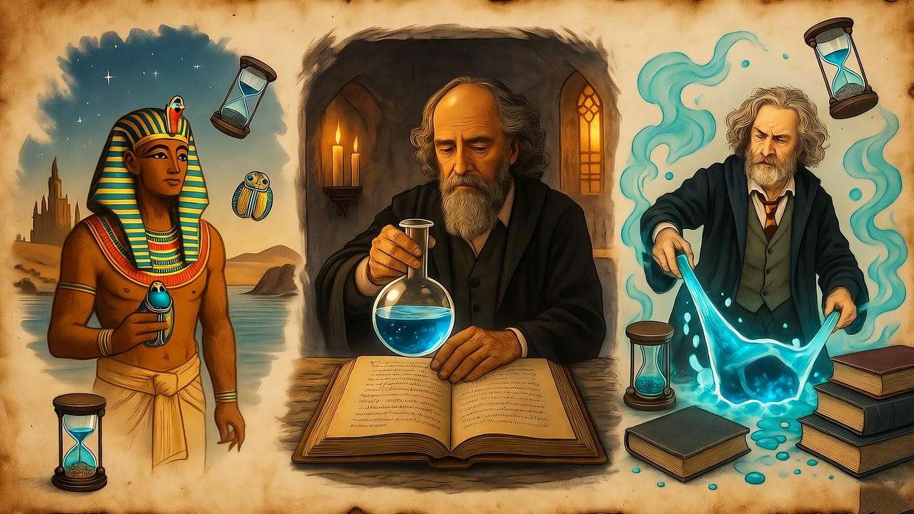 Historical timeline of Forgetfulness Potion from ancient Egypt to Hogwarts in Harry Potter lore, illustrated artwork.