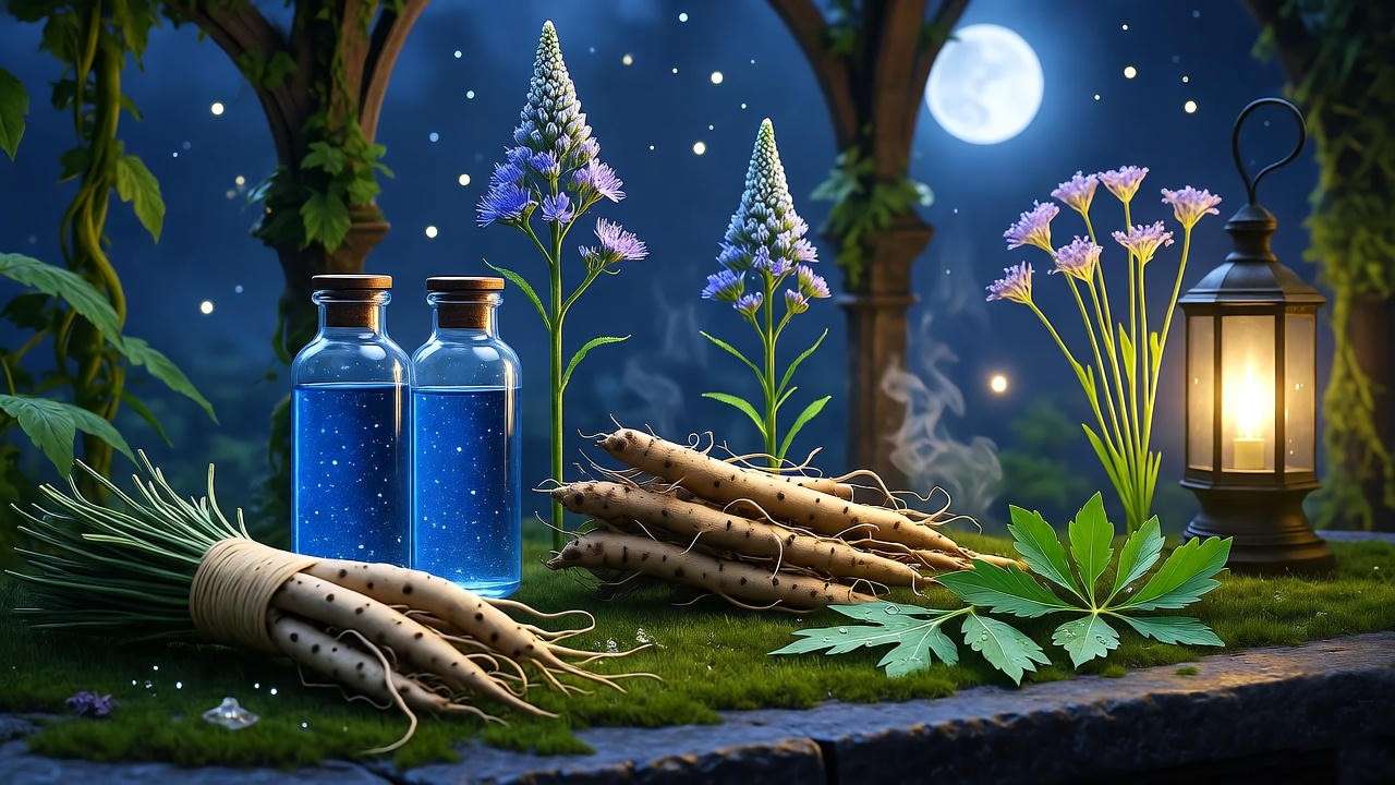 Visual guide to Forgetfulness Potion ingredients like Lethe water and valerian root in Harry Potter, mystical herb arrangement.