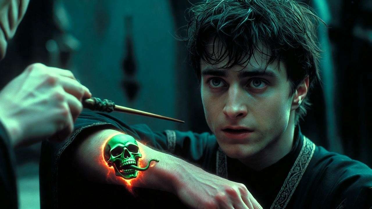 Harry Potter willingly receiving the Dark Mark in a dark ritual, symbolizing his choice to join Voldemort
