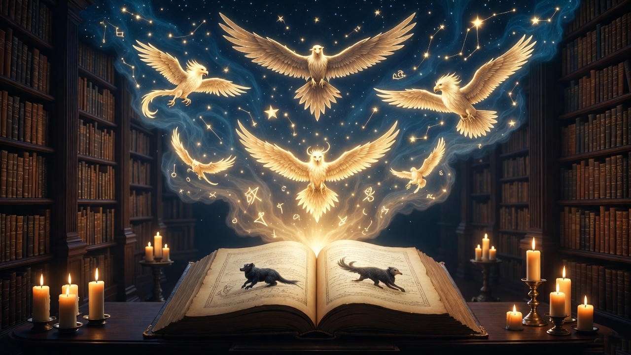 Magical creatures from Harry Potter forming a constellation above an ancient book