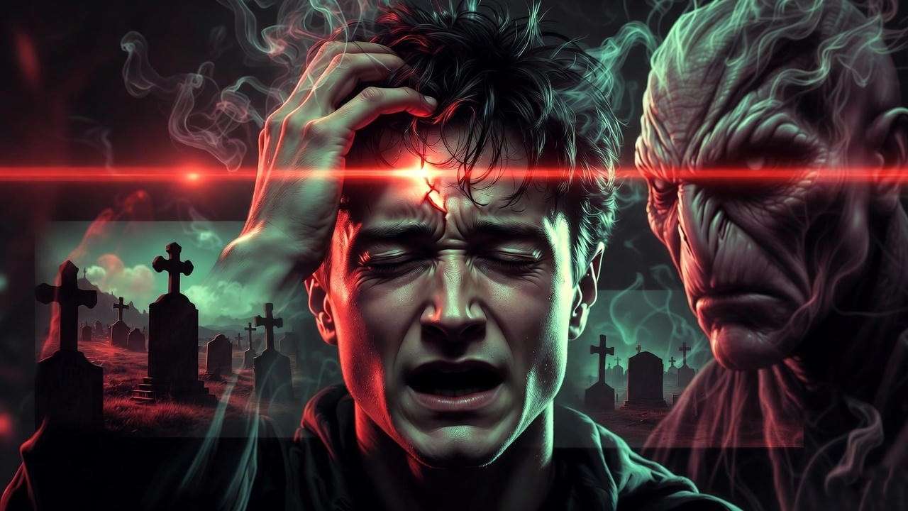 Harry Potter experiencing scar pain and visions connected to Voldemort.
