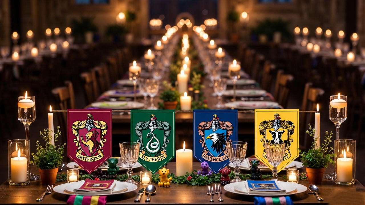 Harry Potter Hogwarts house themed party decorations with official house colors
