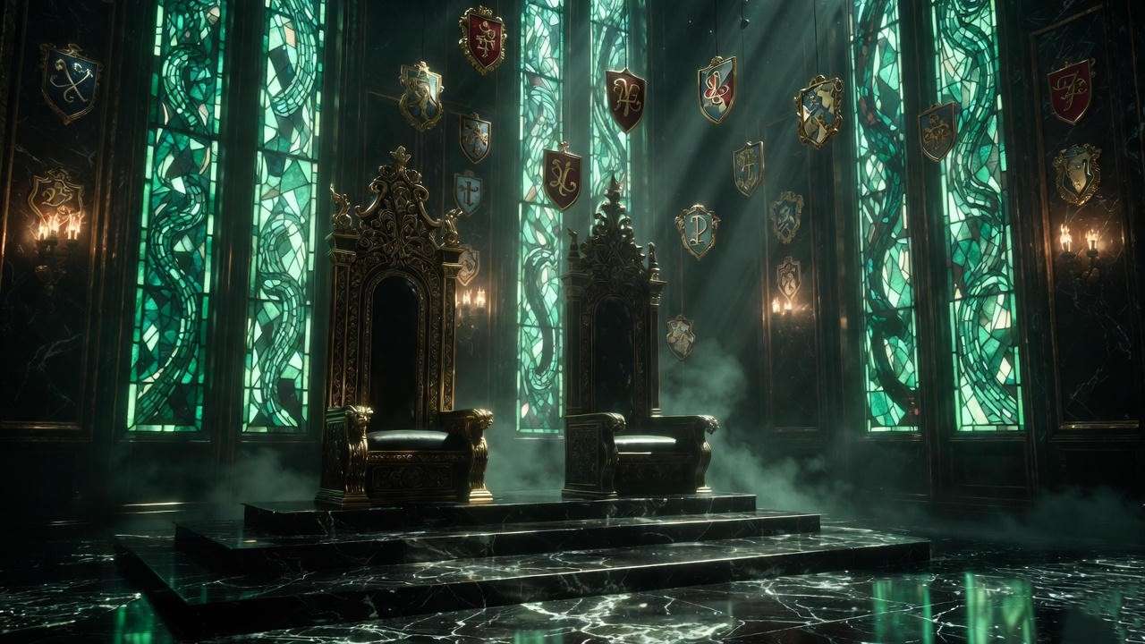 Dark pure-blood throne room with twin thrones representing Harry and Voldemort’s alliance
