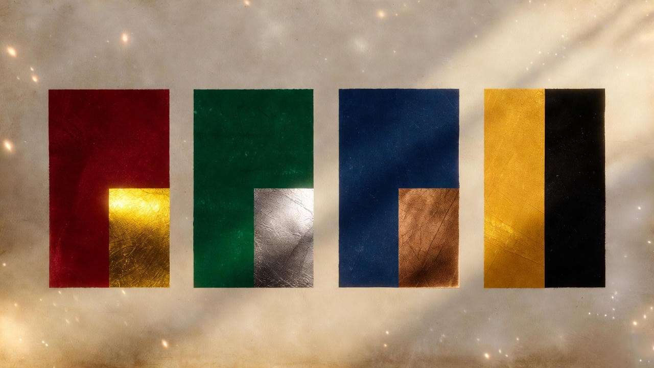 Hogwarts houses color palette swatches for Gryffindor scarlet gold, Slytherin green silver, Ravenclaw blue bronze, Hufflepuff yellow black