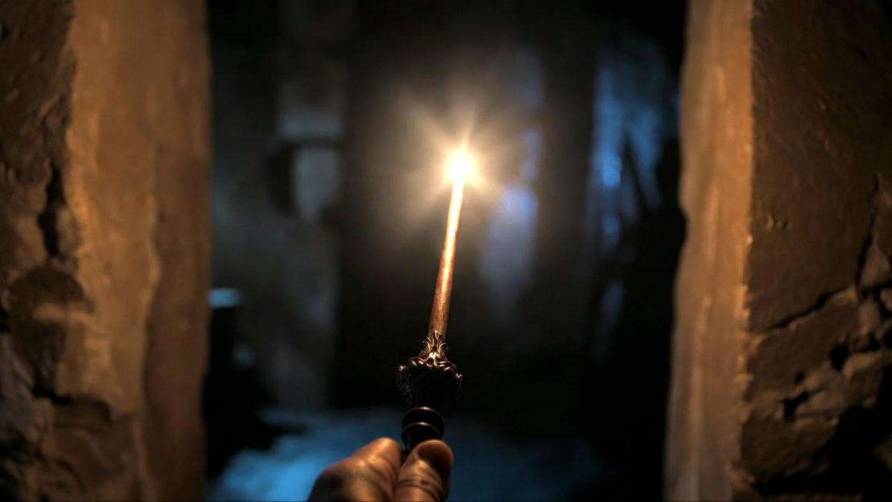 Bright glowing wand tip casting the Lumos spell in a dark Hogwarts corridor - Harry Potter light spell basics