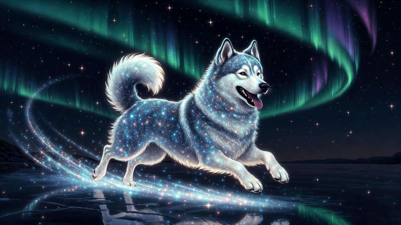 Playful silver husky Patronus chasing its tail on a frozen lake under the Northern Lights
