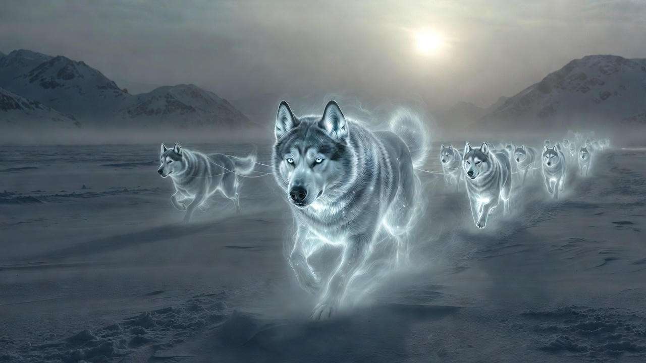Silver husky Patronus leading ghostly sled team across Arctic tundra symbolizing endurance
