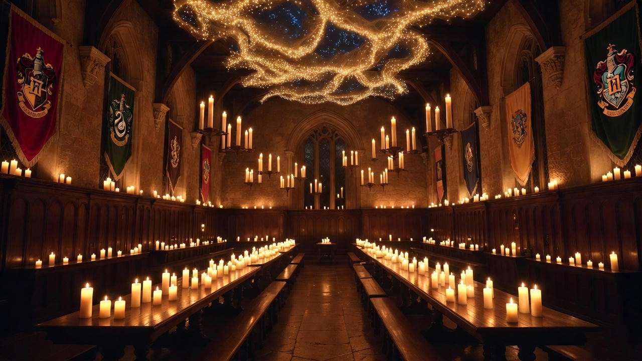 Floating candles illuminating Hogwarts Great Hall recreation for Harry Potter themed party