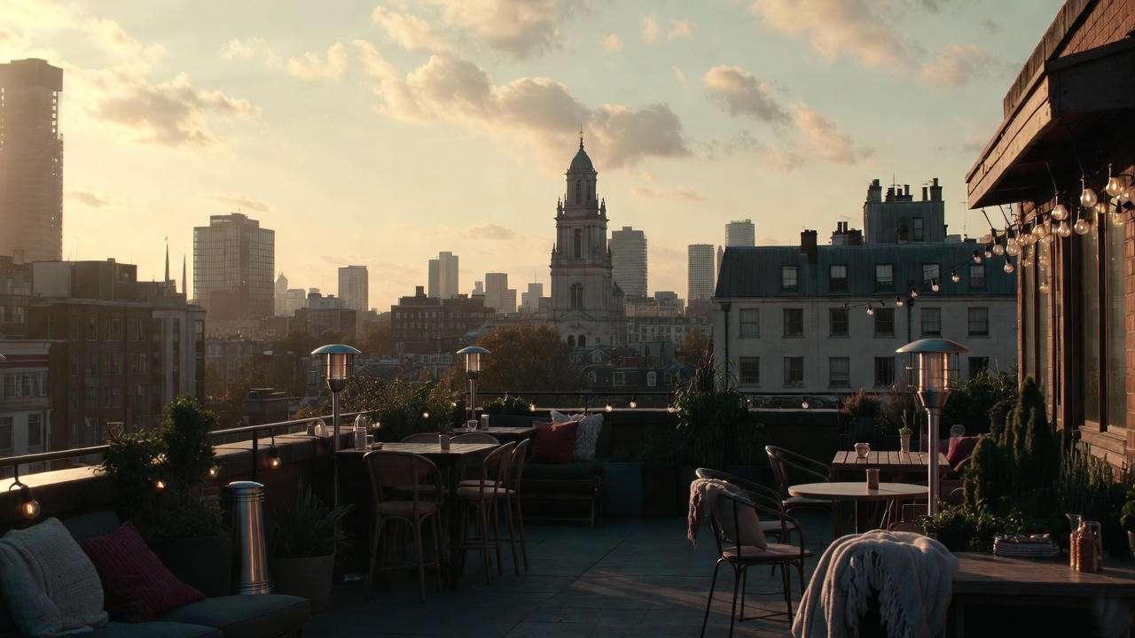 Rooftop terrace at The Marlborough Arms Bloomsbury with view of Ministry of Magic building at sunset 
