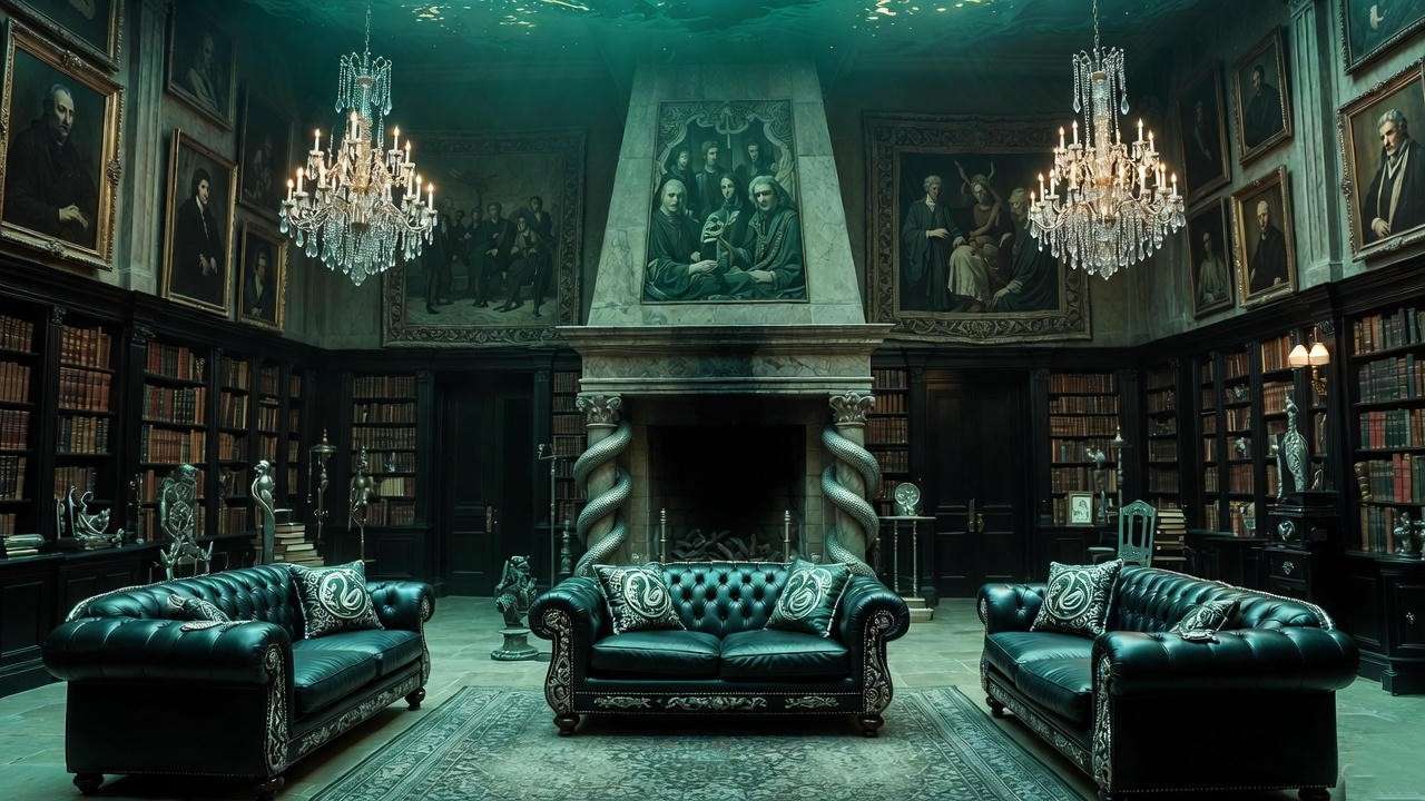 Dark luxurious Slytherin common room under the Black Lake, perfect atmosphere for Dark Harry Potter fics
