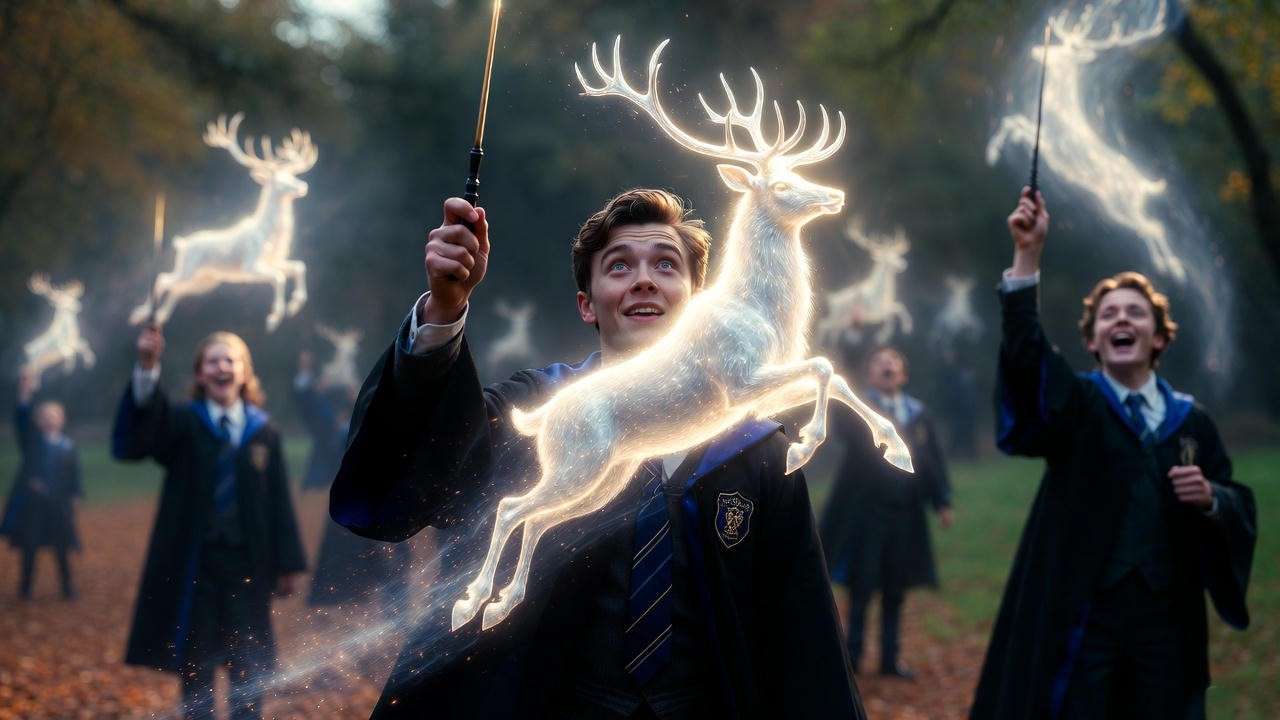 Visitor casting glowing stag Patronus on the interactive trail Harry Potter Experience Atlanta
