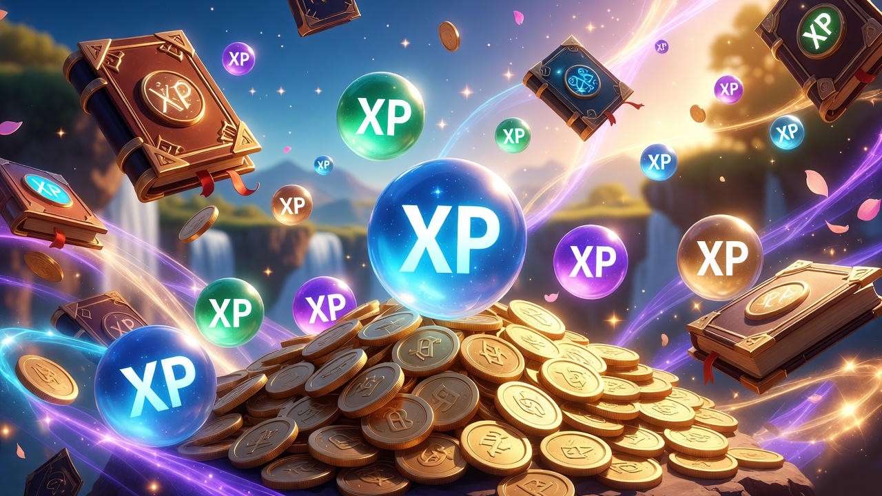 Magical rewards such as coins, XP, and notebooks floating with glowing effects to represent earned creature task rewards.