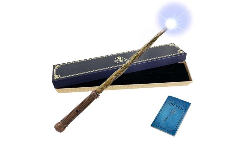 ChampWe Light Up Magic Wizard Wand Rechargeable Illuminating Toy for Kids Witch Collection Cosplay Accessories with Spellbook and Gift Box (Leaf) 