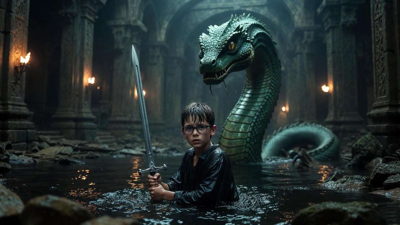 Harry Potter facing the Basilisk in the Chamber of Secrets.
