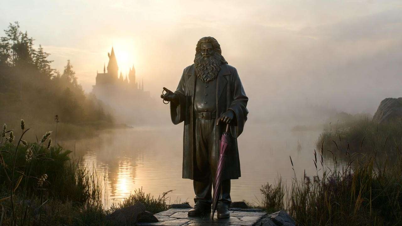 Imagined memorial statue of Hagrid, Keeper of Keys, by the Black Lake after the war

