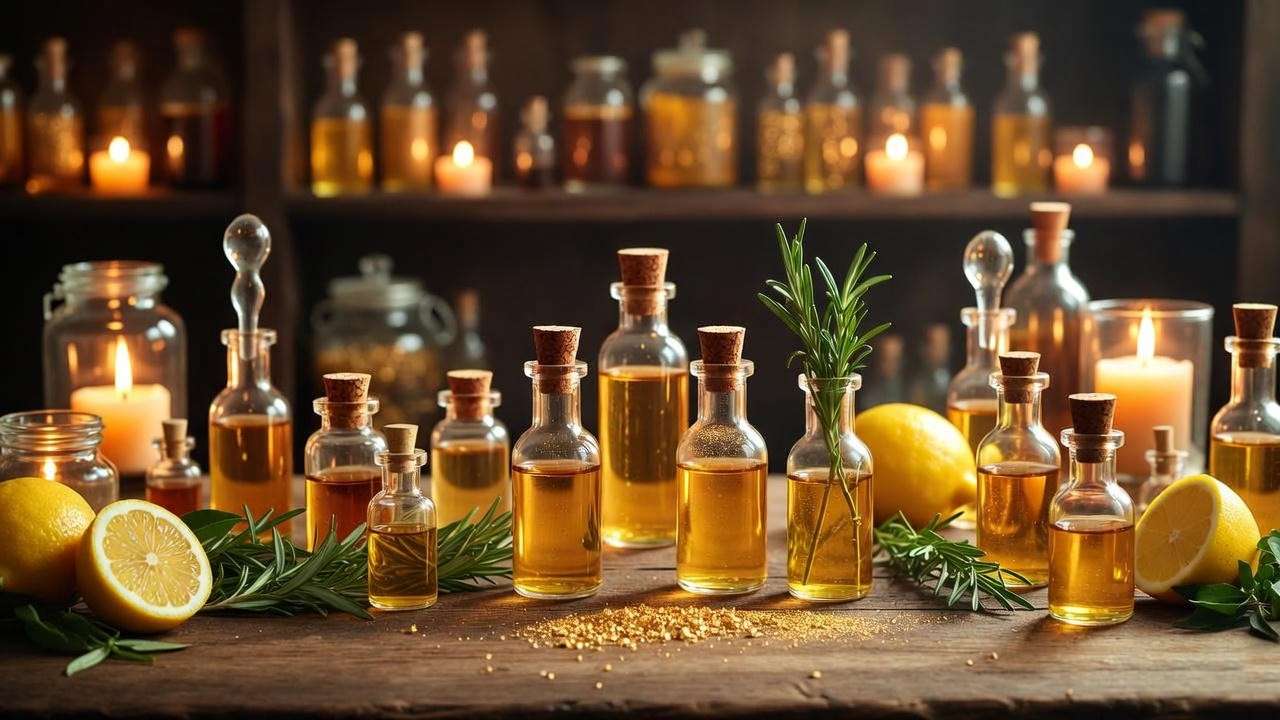 Harry Potter potions station with multiple shimmering liquid luck drinks – perfect setup for Felix Felicis themed parties.