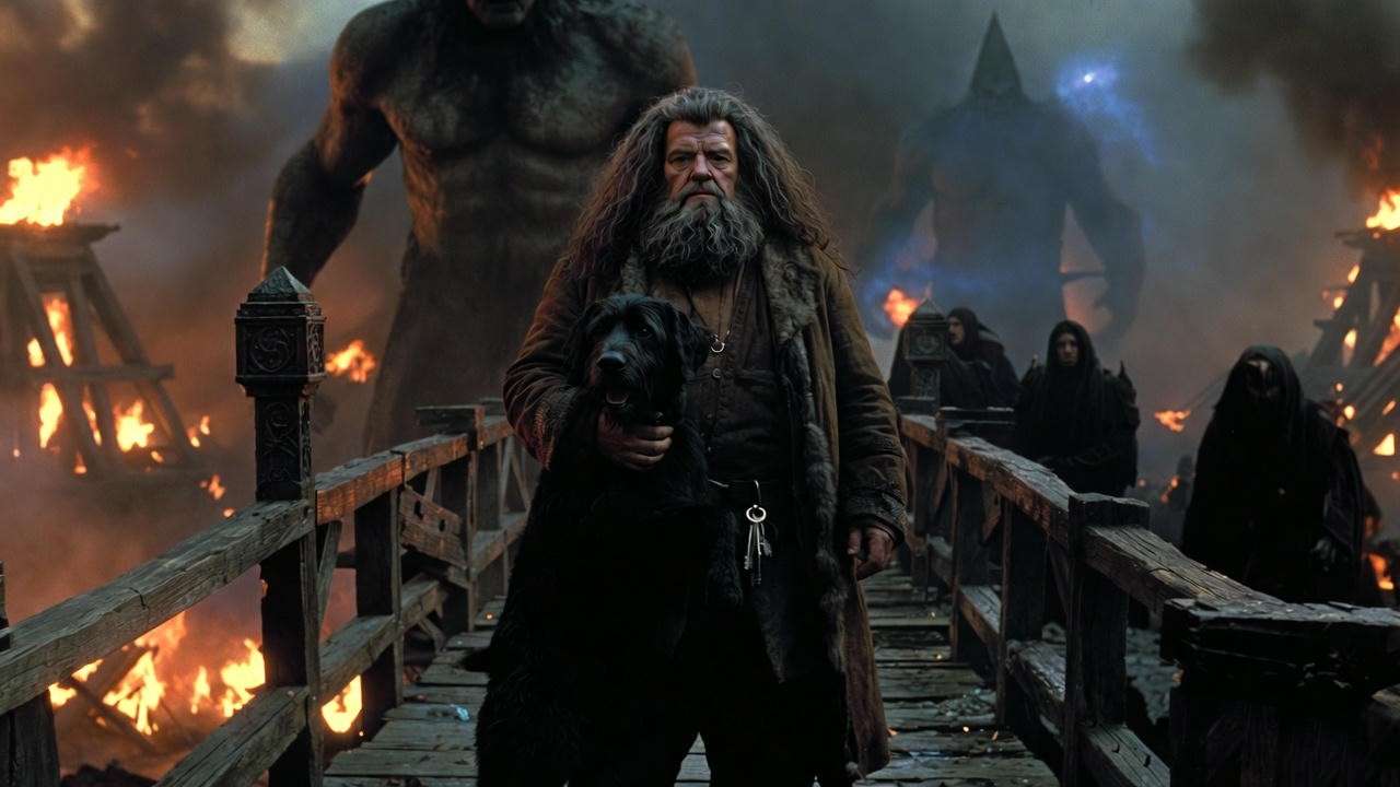 Hagrid defending Hogwarts in the Battle with his Keeper of Keys ring visible

