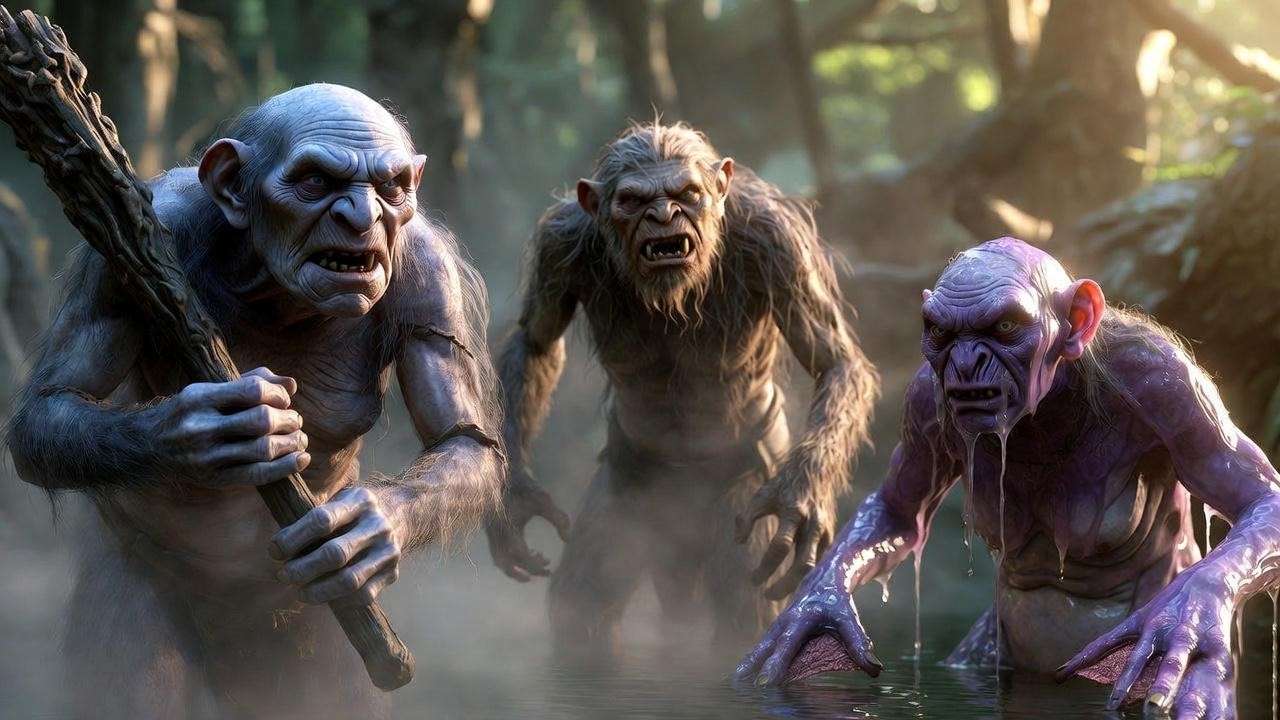 Illustration of mountain, forest, and river trolls from the Harry Potter universe