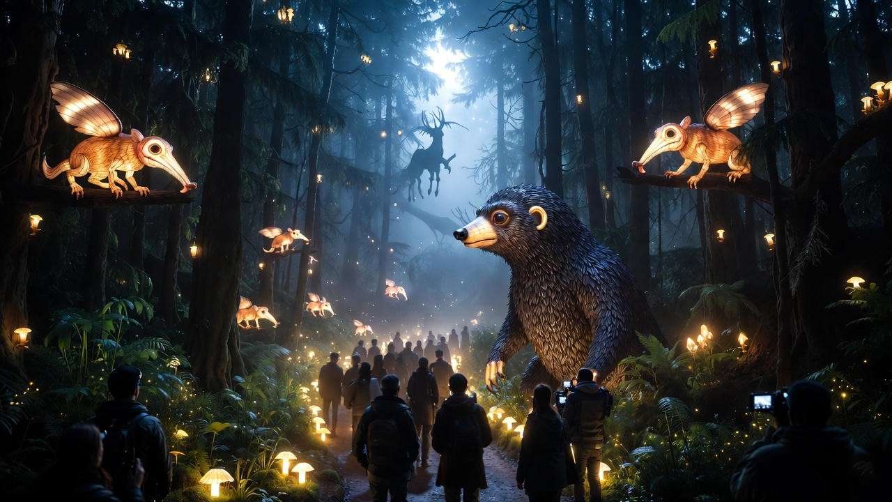 Visitors meeting life-size magical creatures at Harry Potter Forbidden Forest Experience