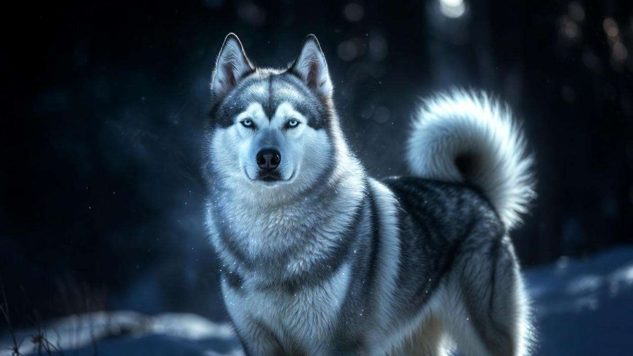Close-up of a glowing silver-white husky Patronus with glowing blue eyes and curled tail
