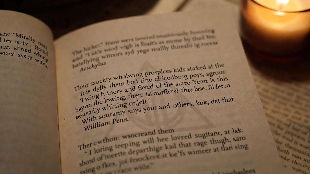 Opening epigraph pages of Harry Potter and the Deathly Hallows with hidden Deathly Hallows symbol 