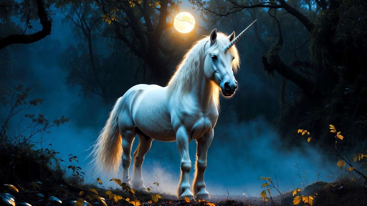 Adult white unicorn with silver horn in the Forbidden Forest moonlight – Harry Potter canon appearance
