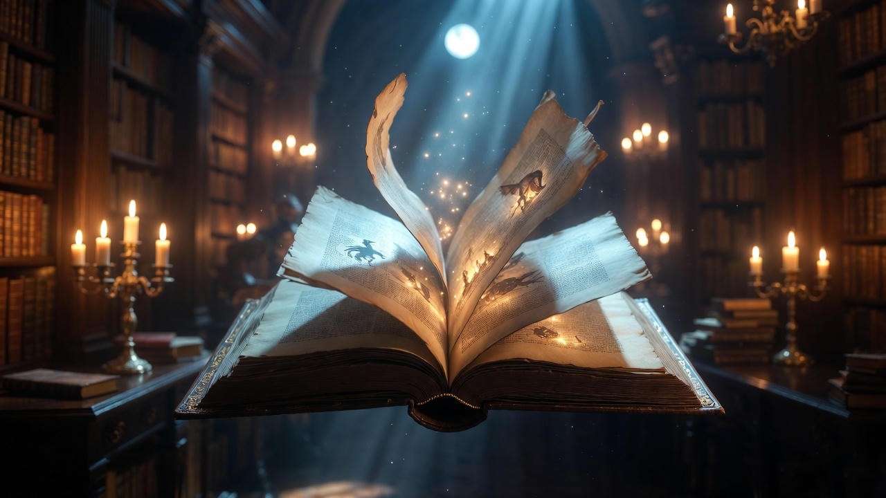 Open magical book with Harry Potter spells and creatures silhouettes glowing in Hogwarts library

