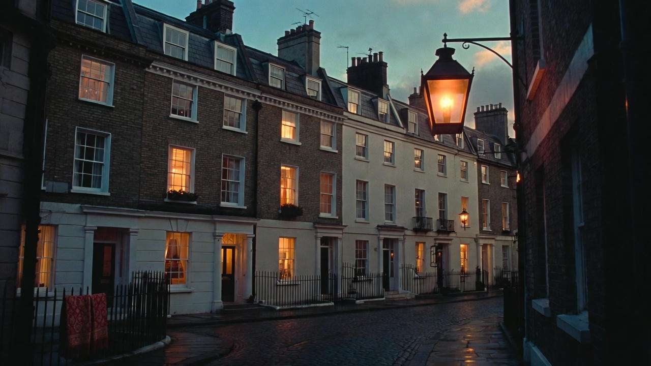 Magical twilight street in Bloomsbury with glowing historic pub sign, perfect Diagon Alley atmosphere