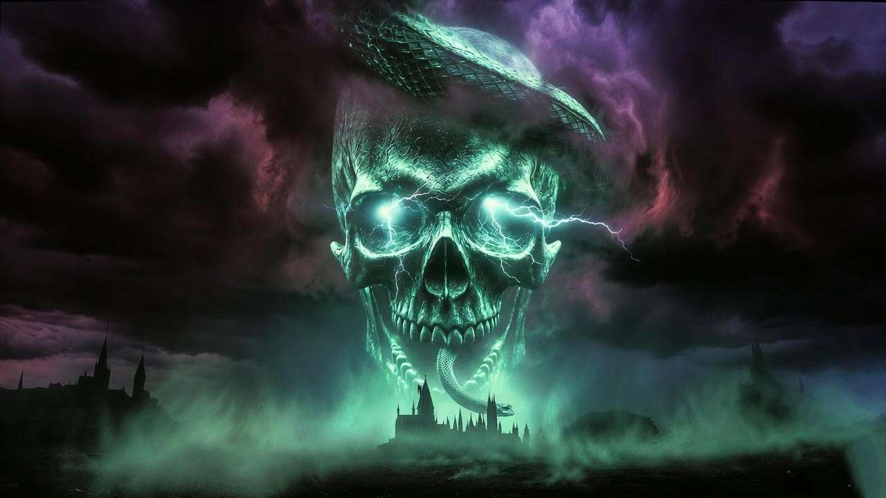 Glowing Dark Mark dominating the stormy sky over Hogwarts castle at night, symbolizing Dark Harry’s rise