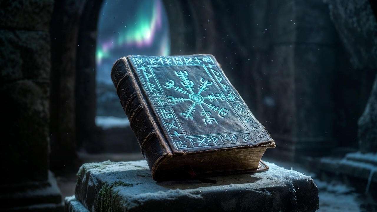 Elder Futhark Runes Codex glowing with ancient runes in Durmstrang vault – oldest magical book in Harry Potter
