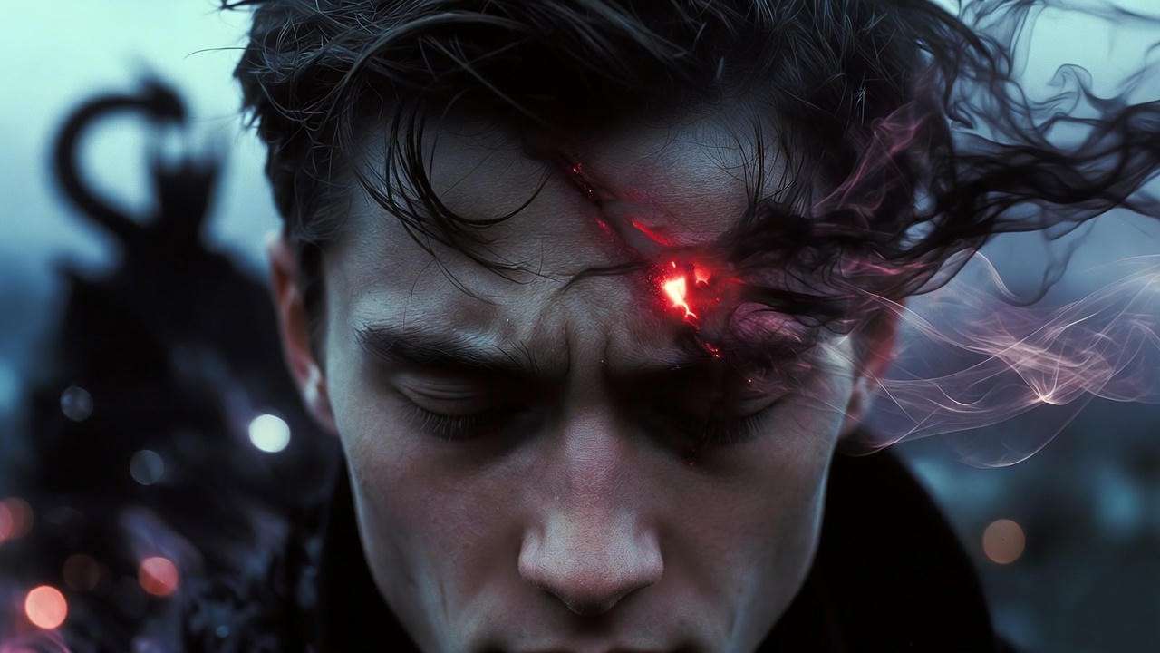Harry Potter's scar as a psychic link to Voldemort, showing the soul fragment connection.

